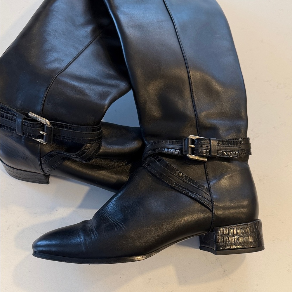 Black Leather High  Boots with Buckle Detail